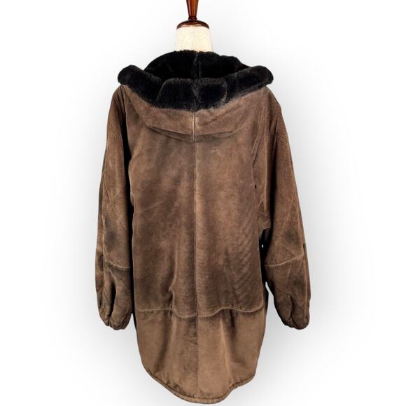 VTG Steve By Searl 90s Brown Suede Hooded Womens Coat with Black Faux Fur Medium - Picture 6 of 11